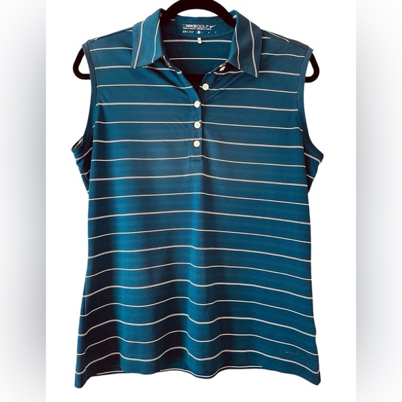 Nike Women’s Large Blue with White Stripe Dri-fit Sleeveless Polo Golf Shirt - Picture 1 of 4